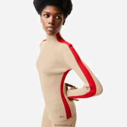 Lacoste benzi de contrast pulover fără cusături 0H6PD42657 femei bej roșu vsc