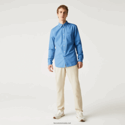Lacoste cămașă din poplin din amestec de bumbac cu potrivire normală 0H6PD41652 bărbați albastru 776