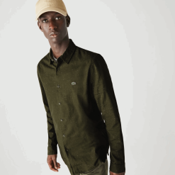Lacoste cămașă slim din bumbac flamuat 0H6PD41645 bărbați verde kaki alb n8e