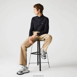 Lacoste cămașă slim din popelin din bumbac elastic 0H6PD41487 bărbați hde bleumarin