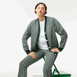 Lacoste cardigan cu imprimeu monogramă cu o formă lejeră 0H6PD42635 femei verde bej 7m4