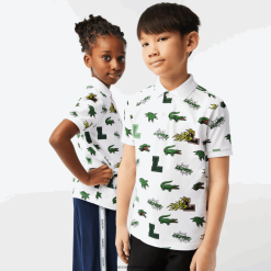 Lacoste polo cu imprimeu crocodil cu efect comic 0H6PD42956 copii alb 001