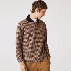 Lacoste polo relaxat cu imprimeu tartan 0H6PD4924 bărbați bej bleumarin bordeaux v40