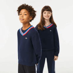 Lacoste pulover din bumbac cu dungi în contrast 0H6PD43284 copii bleumarin alb qrn