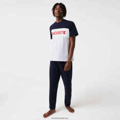 Lacoste Set pijamale lungi din bumbac elastic colorblock 0H6PD41510 bărbați gri chine bleumarin alb roșu 4ty