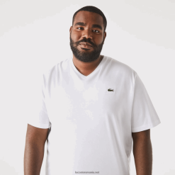 Lacoste tricou din jerse cu decolteu în V 0H6PD4715 bărbați alb 001