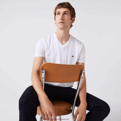 Lacoste tricou din jerseu de bumbac pima cu decolteu în V 0H6PD440 bărbați alb 001